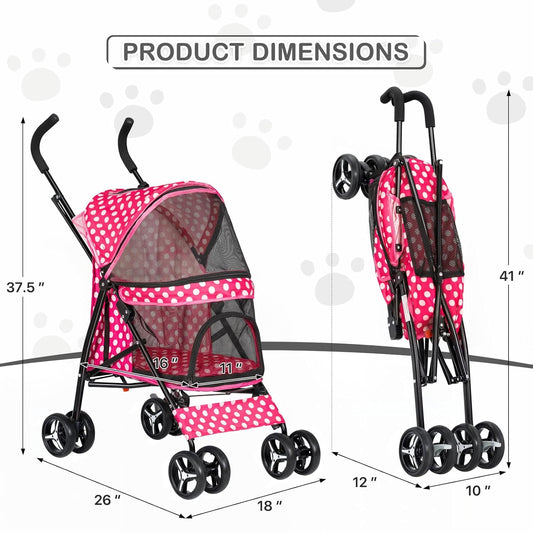 MoNiBloom 4 Wheels Pet Stroller, Easy-Fold Umbrella Shaped Dog Cat Jogger Stroller w/Storage Bag & Visible Mesh for Small/Medium Dogs Cats Hot Pink Polka Dots - Pawvie