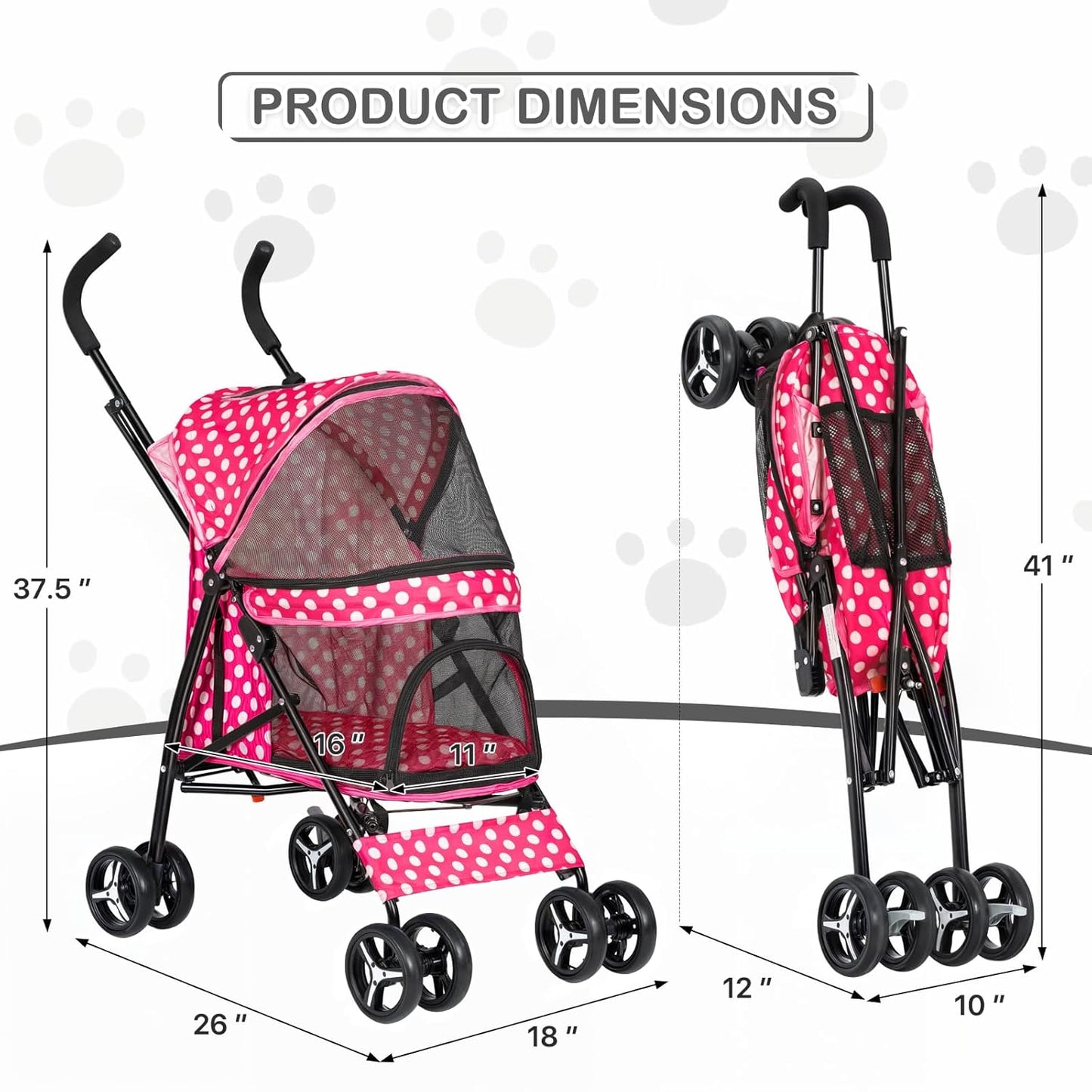MoNiBloom 4 Wheels Pet Stroller, Easy-Fold Umbrella Shaped Dog Cat Jogger Stroller w/Storage Bag & Visible Mesh for Small/Medium Dogs Cats Hot Pink Polka Dots - Pawvie