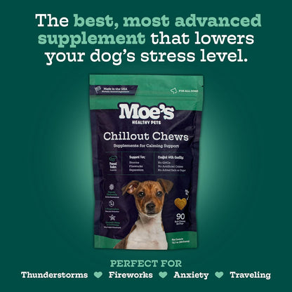 Moe’s Calming Chews for Dogs 90ct – Natural Anxiety Relief with Hemp, Chamomile, and Tryptophan – Calming Dog Treats for Separation, Fireworks, Travel and Storms (Peanut Butter)