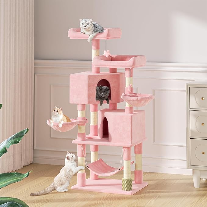 MoNiBloom 58 Inch Cat Tree Tower for Indoor Cats Large Adults, Pink Cat Tower with Scratching Post & Hammock, Pet Play House with Cat Condo, Soft Pink