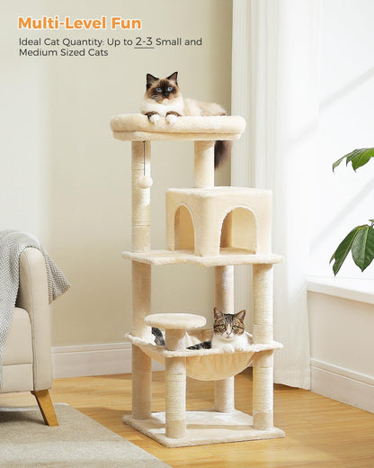 Cat Tree for Indoor Cats, 45.7" Multi-Level Cat Tower with Large Metal Frame Hammock, Cat Condo with 4 Scratching Posts and Top Perch for Small Medium Cat, Beige
