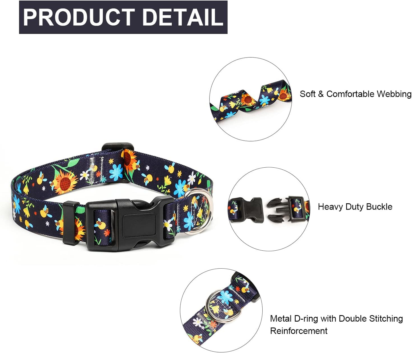 Mercano Adjustable Dog Collar - Special Design Patterns, Soft Nylon Comfortable Durable Pet Collar for Small Medium Large Dogs (S, Sunflower)