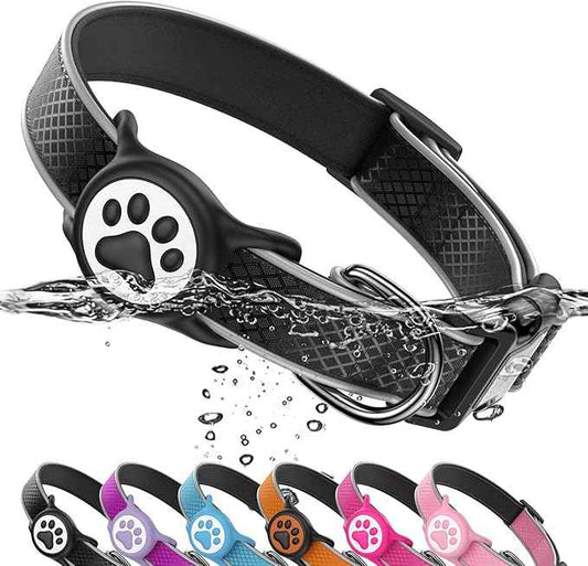 Reflective Dog Collar with Air tagholder, IPX8 Waterproof Air tagholder | Ultra-Durable | Soft Padded | Safety Locking Buckle | Fit Large Dogs (Black L(15.7"-23.6"))