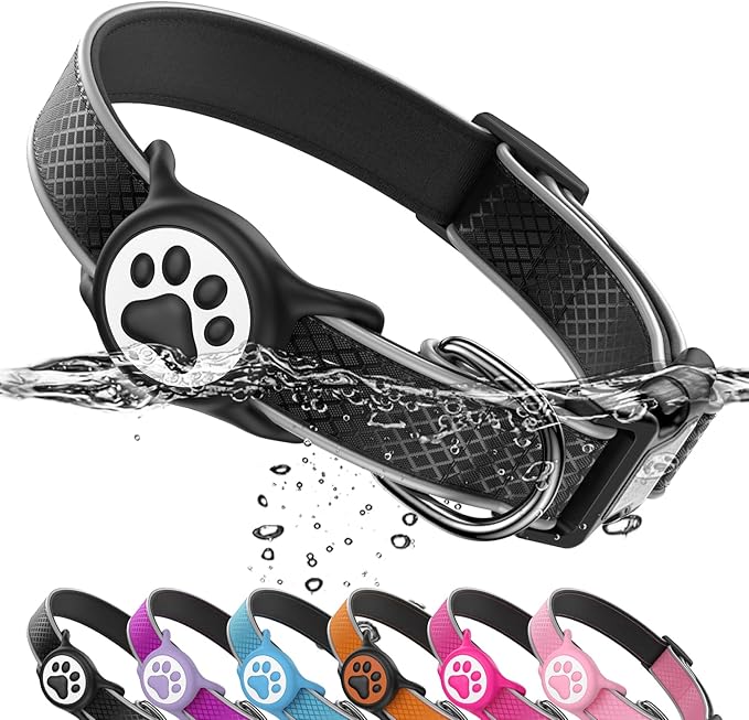 Airtag Dog Collar, IPX8 Waterproof Air Tag Dog Collar Holder | Reflective Ultra-Durable | Soft Padded | Safety Locking Buckle | Fit Small Dogs (Black S(9.8"-15.7"))