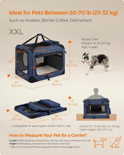 Feandrea 36 Inches Collapsible Soft Dog Crate, Portable Travel Dog Crate for Indoor and Outdoor Use, Dog Carrier Kennel with Safety Zippers, for Living Room, Car, Travelling, Campin, Dark Blue UPDC90Z