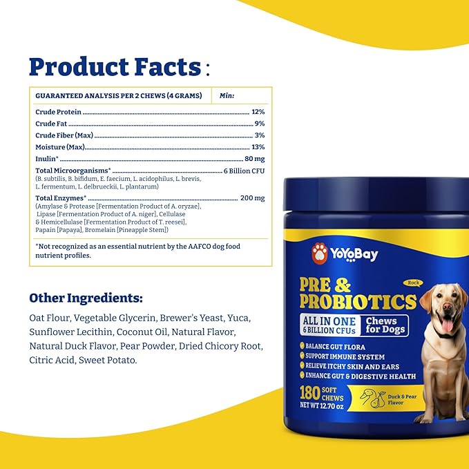 Probiotics for Dogs - Dog Probiotics for Digestive Health, Yeast, Itchy Skin, Gut Health, Immune & Skin - 6 Billion CFUs, 180 Soft Chews, Duck & Pear Flavor - with Prebiotics & Digestive Enzymes