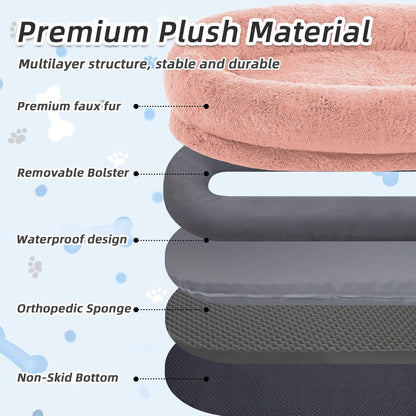 Human Dog Bed for Adults & Pets, 63"x32"x10" Faux Fur Nap Bed with Pillow, Blanket & Strap, Orthopedic Washable Lounger for Sleeping, Relaxing, Cuddling – Pink