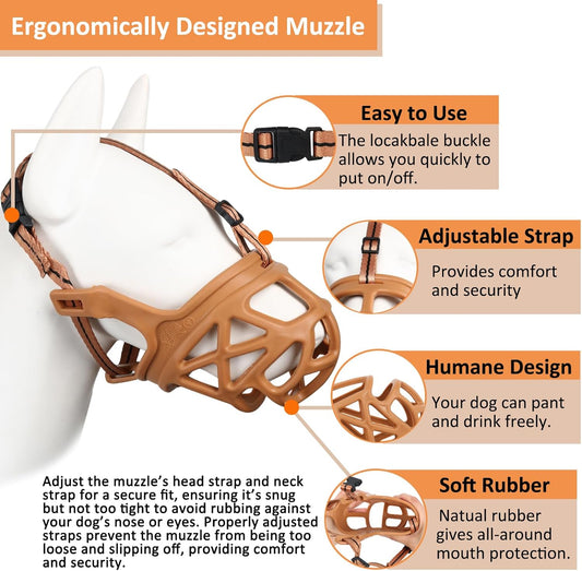 BARKLESS Dog Muzzle, Basket Muzzle for Biting, Chewing and Scavenging, Humane Cage Mouth Cover, Perfect for Grooming and Training Small Aggressive Reactive Dogs (S, Brown)