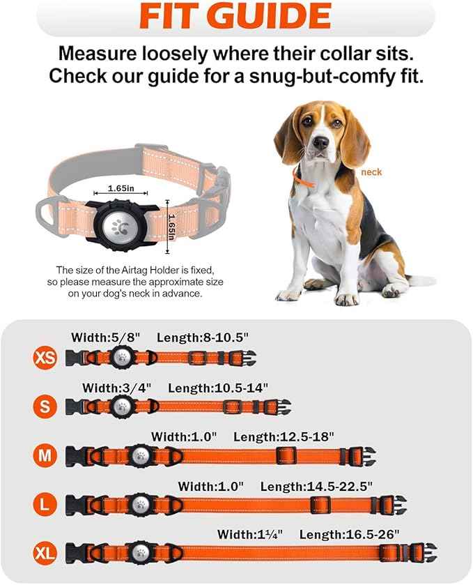 TagME Airtag Dog Collar,Waterproof Reflective Pet Collar with Airtag Holder,Soft Padded and Double D-Rings for Large Dogs,Orange