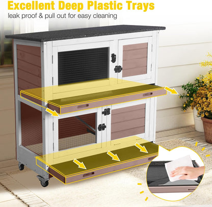 Aivituvin Rabbit Hutch Indoor Bunny Cage Outdoor 2 Story Pet House Guinea Pig Cage on Wheels 36" (Brown)
