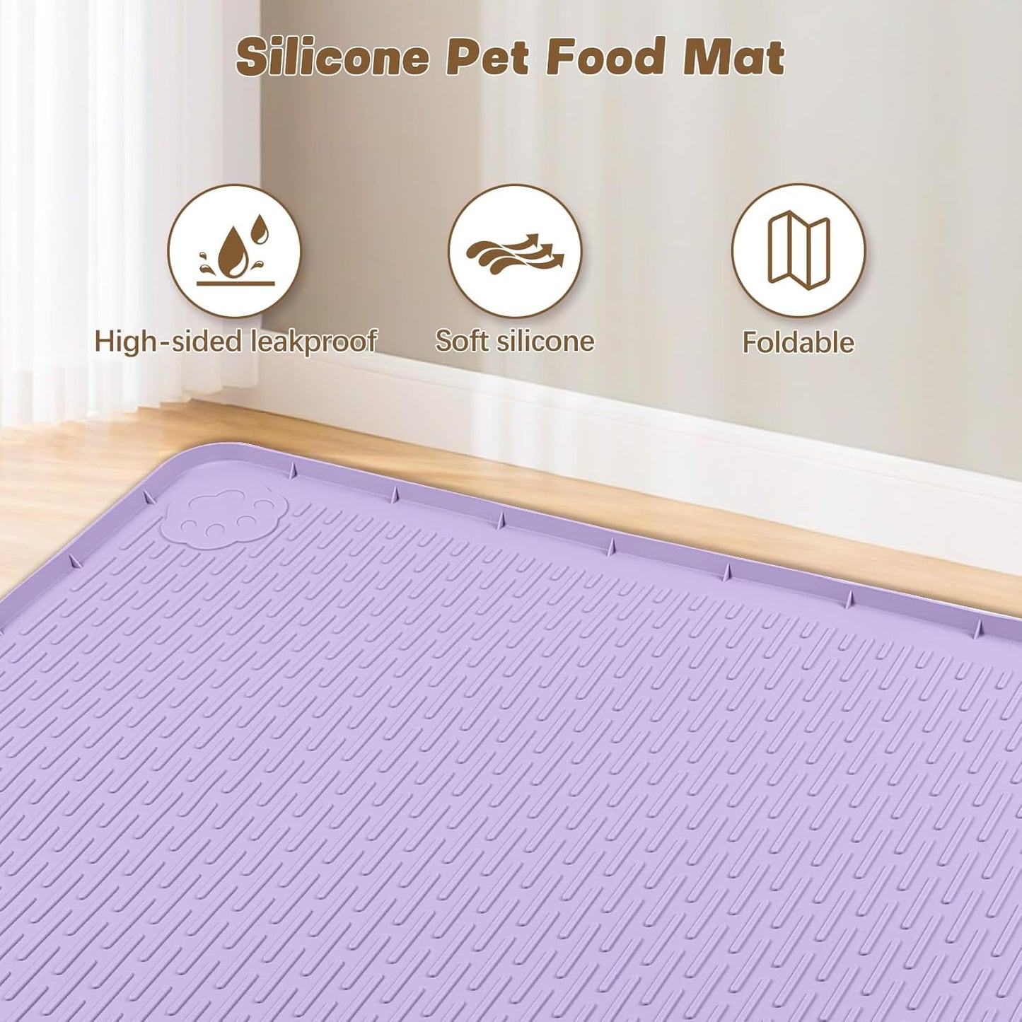 Cat Food Mat, 40" x 28" Extra Large Silicone Pet Feeding Mat with Raised Edge Pet Placemat for Food and Water Bowl Non-Slip, Easy to Clean, Floor Protection (Purple)