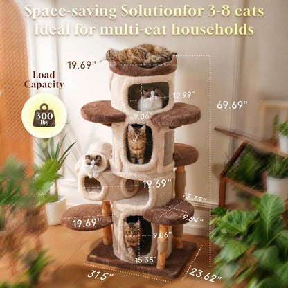 69.69'' Modern Cat Tree for Indoor Cats Large Adult, Luxury Cat Tower with Scratching Post, Multi Level Spacious Condo, Heavy Duty Kitty House, Sturdy Cat Activity Center for Large Cat