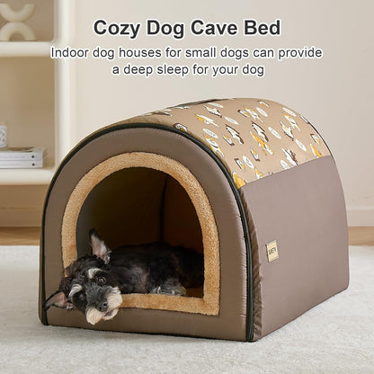 Jiupety Indoor Dog House, 2-in-1 Portable Foldable House Bed with Cover, Pet Tent & Cave Bed for Medium Dogs, XL(29"×21"×20"), Up to 44 Lb, Brown