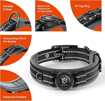 Upgraded AirTag Dog Collar with Holder, Waterproof Reflective Air Tag Dog Collar with Widened Comfortable Padding & Ultra-Durable Metal Buckle, Adjustable for Large Dogs (L, Black)
