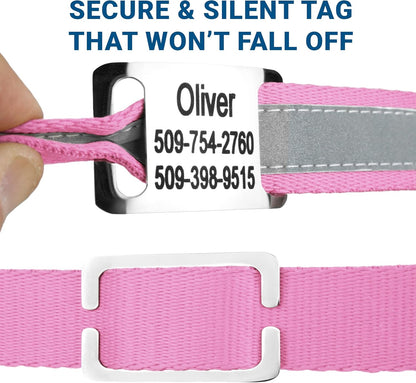 GoTags Reflective Personalized Dog Collar with Nameplate, Adjustable Dog Collar with Custom Engraved Steel Slide On Pet ID Tag, Silent, No Noise Dog Tag for Large Medium or Small (Pink, Medium)