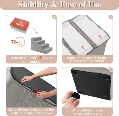GGIB Non-Slip Pet Stairs for Small Dogs & Cats - 4-Step, Removable Washable Cover, Light Grey, 17" H