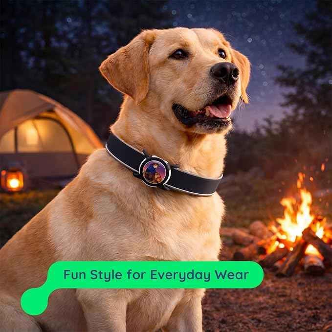 Dog AirTag Holder for Dog Collar, Soft Silicone Slide-On Case for Apple AirTag, No-Dangle Quiet Protective Holder with Eye-Catching Pet Character Designs, Happy Camper