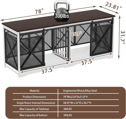 COZPAW 78 Inch Double Dog Crate Furniture, Extra Large Dog Kennel Indoor for Medium Large 2 Dogs, Heavy Duty Dog Cage Chew-Resistant Steel and Wooden Pet House with Removable Divider (White Brown)