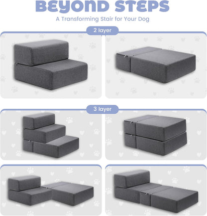 Foldable 18 Inch Wide 3 Step Wide Dog Stairs for Large Dogs, 18 Inch Height Foam Dog Steps for Bed & Couch, Linen Covered Pet Stairs for Dogs to Get on Bed, Outdoor Foam Pet Steps for for Cars & SUV