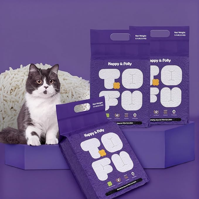 Happy&Polly Tofu Cat Litter - Clumping Flushable Cat Litter, 100% Natural Food-Grade Ingredients, Ultra Absorbent, Dust-Free, Low Tracking, Lightweight and Eco-Friendly Tofu Litter(5.5lb×3 Bag)