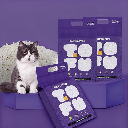 Happy&Polly Tofu Cat Litter - Clumping Flushable Cat Litter, 100% Natural Food-Grade Ingredients, Ultra Absorbent, Dust-Free, Low Tracking, Lightweight and Eco-Friendly Tofu Litter(5.5lb×3 Bag)