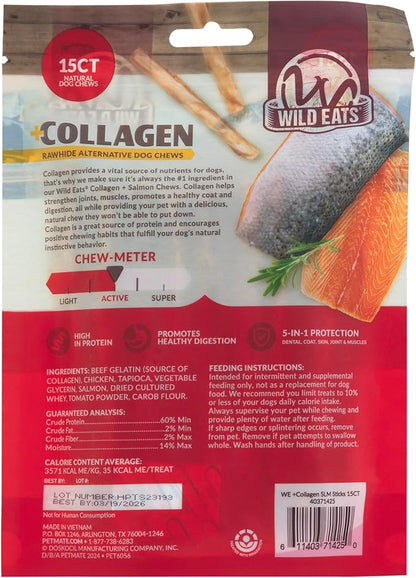 Wild Eats Real Salmon Collagen Sticks for Dogs, (15ct, 1cm Thick) Healthy Bully Stick - Long Lasting Dog Chew Treat
