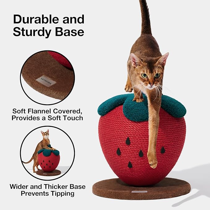 VETRESKA Strawberry Cat Scratching Post, Cute Cat Scratcher with Jute Rope, Vertical Cat Scratch Post for Indoor Cat and Kitten, Ring Paper Strawberry Leaves Attract Cats