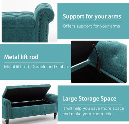 58’’ Storage Bench for Bedroom, Upholstered Button-Tufted Ottoman with Solid Wood Legs, Queen Size End of Bed Shoe Cabinet, Window Seat Foot Rest Stool for Entryway, Living Room (Teal)