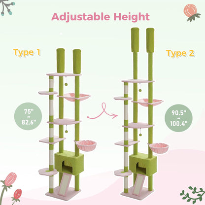 PEQULTI Tall Cat Tree Floor to Ceiling Cat Tower Adjustable Height (90.5''-100.4'' = 230cm-252cm) with Cat Condo, Cozy Hammock and Scratching Post, Pink Flower Climbing Tree for Indoor Cats, Pink