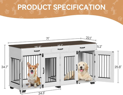 71'' Dog Crate Furniture, Wooden Indoor Dog Kennel for 2 Dogs with 3 Drawers and Removable Room Divider, XXL Double Dog Crate TV Stand End Table with Double Doors for Large Medium Dogs, White