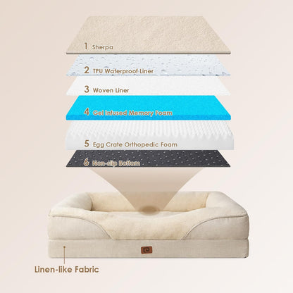 EHEYCIGA Memory Foam XL Dog Bed for XLarge Sized, Extra Large Orthopedic Dog Sofa with Sides and Waterproof Liner, Washable Bolster Pet Bed Couch with Removable Cover, 42x30x7.5 Inch, Beige