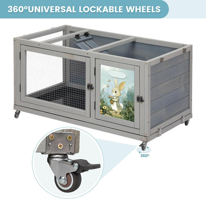 2-Story Wooden Rabbit Hutch for Outdoor & Indoor, Bunny Cage Rabbit House with Wheels, Trays, Ramp, Pet Home for Guinea Pigs, Chickens, Chicken Coop, Gray with Colorful Patterns