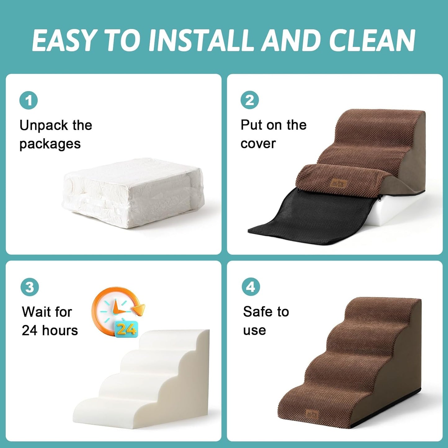 Dog Stairs for Small Dogs 19.7" H, Curved Dog Step for Puppy, Older or Cat, Medium Pet Ramp for Sofa, Couch or Bed, Ladder with High Density Foam, 15.7x28.3x19.7 inch, 4 Step, Brown - Pawvie