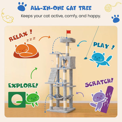 MWPO 63.8 inches Multi-Level Cat Tree for Large Cats with Sisal-Covered Scratching Posts, Padded Platform, Hammock and Condo,Stable Cat Tower Cat Condo Pet Play House-Light Gray