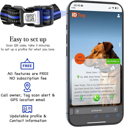 Airtag Dog Collar with QR Code Tag - Reflective Adjustable Nylon Collar, Quick Release Buckle for Small Medium Large Dogs, Comfortable Padded Lining (Blue, L)