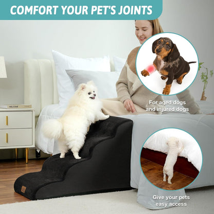 Dog Stairs for Small Dogs 19.7" H, Curved Dog Step for Puppy, Older or Cat, Medium Pet Ramp for Sofa, Couch or Bed, Ladder with High Density Foam, 15.7x28.3x19.7 inch, 4 Step, Black - Pawvie