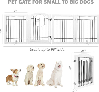 SPIRICH 96-inch Extra Wide 30-inches Tall Dog Gate with Door Walk Through, Freestanding Wire Pet Gate for The House, Doorway, Stairs, Pet Puppy Safety Fence, Support Feet Included (White)