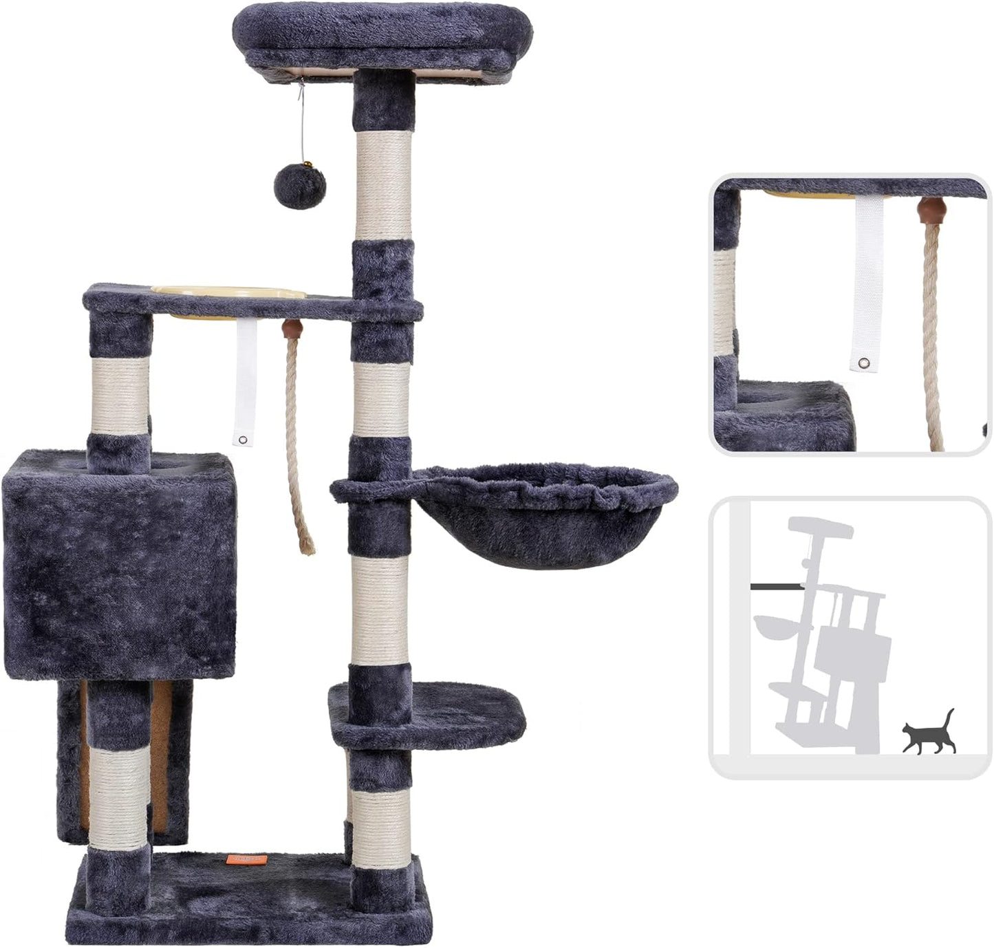 Heybly Cat Tree, Cat Tower for Indoor Cats with Scratching Board, Multi-Level Cat Furniture Condo with Feeding Bowl Smoky Gray HCT010SG