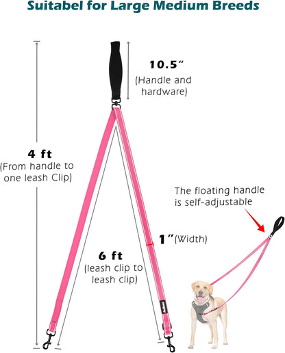 PetBonus Two Point Control Dog Leash, Works with No Pull Harnesses, No Tangle Training Leashes, Soft Padded and Reflective Walking Lead, Converts to Single Lead for Medium Large Dogs (Pink)