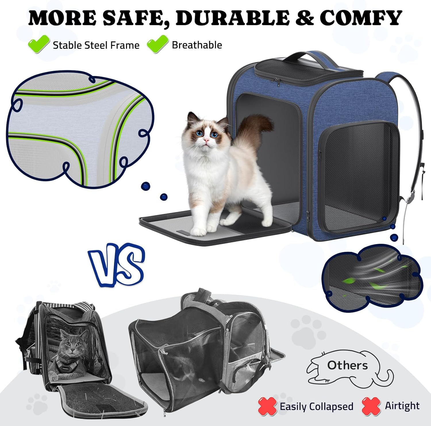 Pawtners Dog Backpack Carrier Dog Carrier with Anti-Scratch Mesh with Great Ventilation, Large Pet Carrier Backpack for Small Dogs & Large Cats, Foldable Designed Pet Backpack Perfect for Travel - Pawvie