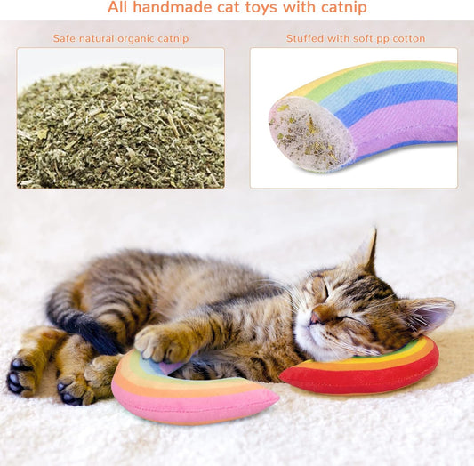 Cat Toys Rainbow Pillows, Catnip Toys for Indoor Cats Kitten, Soft and Durable, Interactive Cat Nip Chew Teeth Toy Kitty Kicker Toys 2 Pack