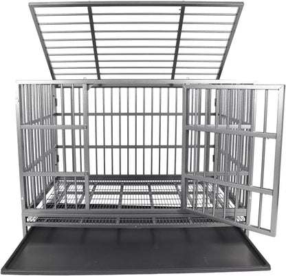 Indestructible Dog Crate Cage Kennel, 47 inches, High Anxiety Dog Crate with Removable Trays, Wheels and Double Door, for Medium and Large Dogs