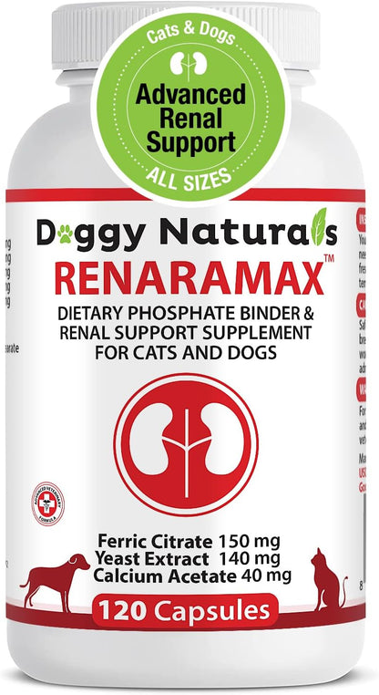 RENARAMAX Dietary Phosphate Binder and Renal Support Supplement for Cats and Dogs Count (Made in U.S.A) (120 Caps)