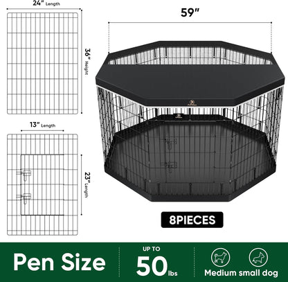 PJYuCien Dog Playpen, 8 Panels 36’’H Dog Pens Indoor with Bottom Pad and Top Cover, Metal Foldable Pet Puppy Exercise Fence Crate Kennel, Better for Medium Animals,Black