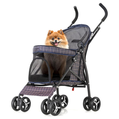 MoNiBloom 4 Wheels Pet Stroller, Easy-Fold Umbrella Shaped Dog Cat Jogger Stroller w/Storage Bag & Visible Mesh for Small/Medium Dogs Cats Plaid - Pawvie