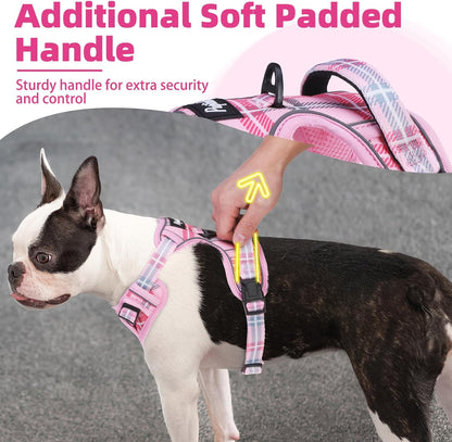 PUPTECK No Pull Dog Harness for Large, Adjustable Reflective Dog Harness with Handle Easy Control, Comfortable Soft Padded Pet Vest Harness for Large Dogs, Plaid Pink L