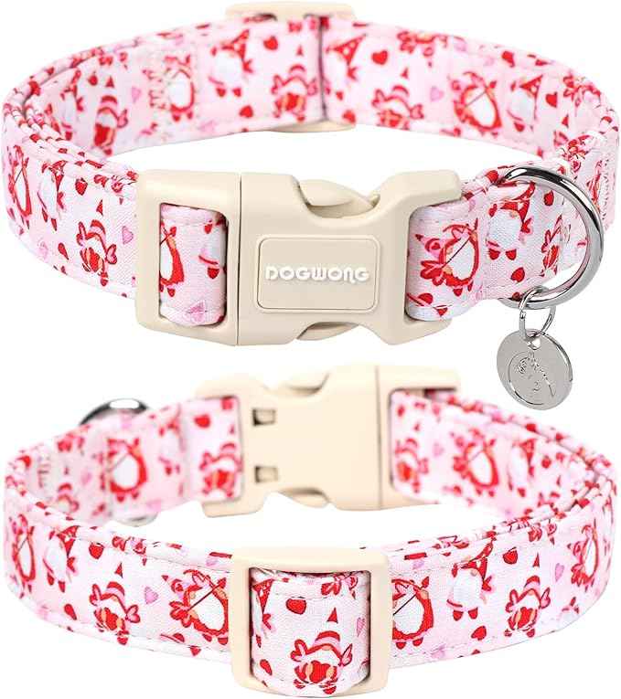 DOGWONG Valentine's Dog Collar, XL Pink Heart, Soft Cotton, Breakaway Closure, Small & Medium Dogs