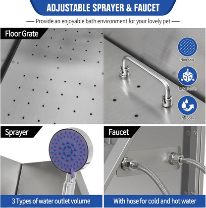 Stainless Steel Dog Washing Station, Pet Grooming Tub W/Storage Stairs, Faucet & Showerhead & Soap Holder Dog Bathtub for Large & Medium & Small Pets,34" R-RAMP