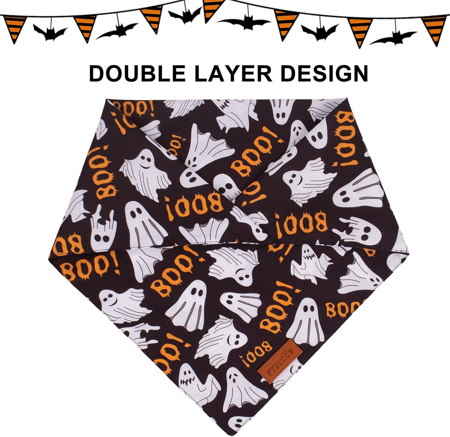 PTDECOR Halloween Dog Bandana, Reversible Holiday Pet Scarf, Multi Size, Triangle Puppy Halloween Bandanas for Medium Large Dogs Pets (Black & Orange, Large)