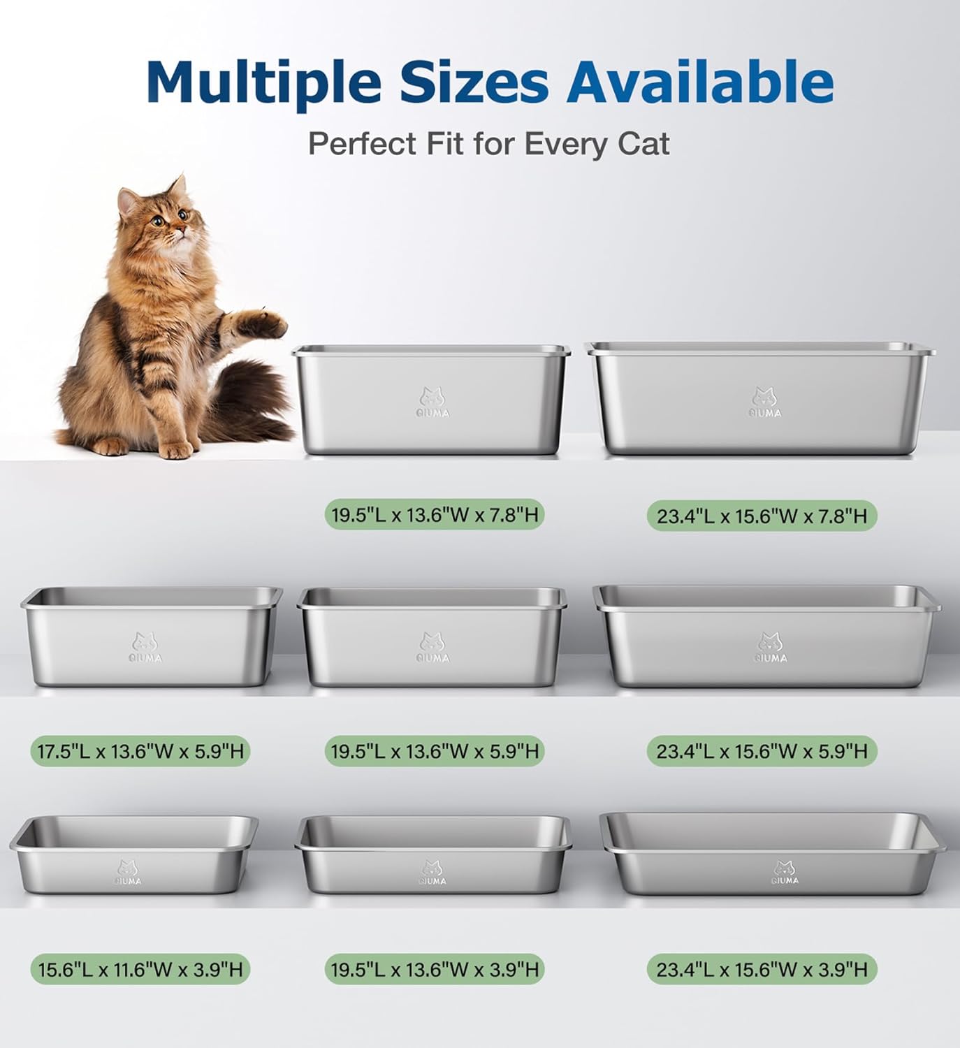 2 Packs Stainless Steel Cat Litter Box, 17.5" L×13.6" W×5.9" H, Metal Kitty Litter Box with High Sided for Small Cats, Non-Stick, Easy to Clean, Odor-Free